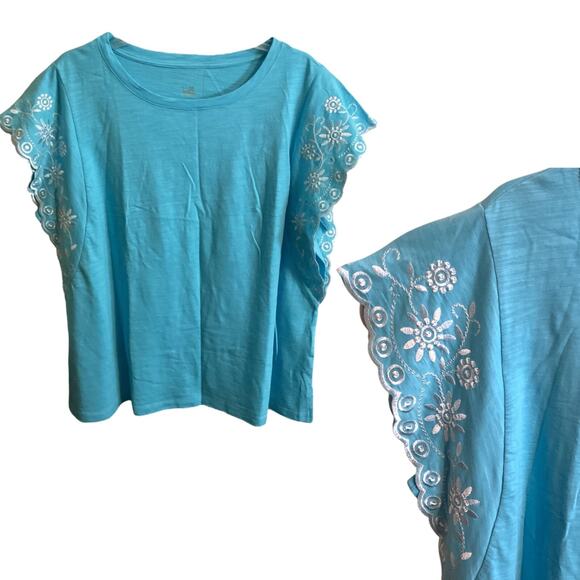 Belle by Kim Gravel Top Women SZ 1X Slub Knit Eyelet Flutter Sleeve Turquoise - Picture 1 of 10